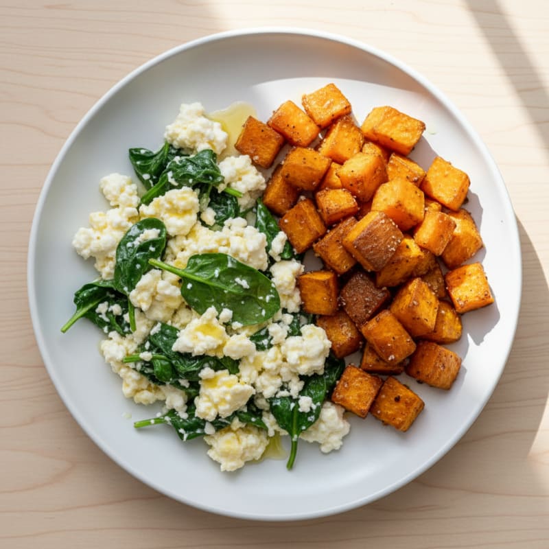 Cottage Cheese Scramble with Spinach and Roasted Sweet Potato