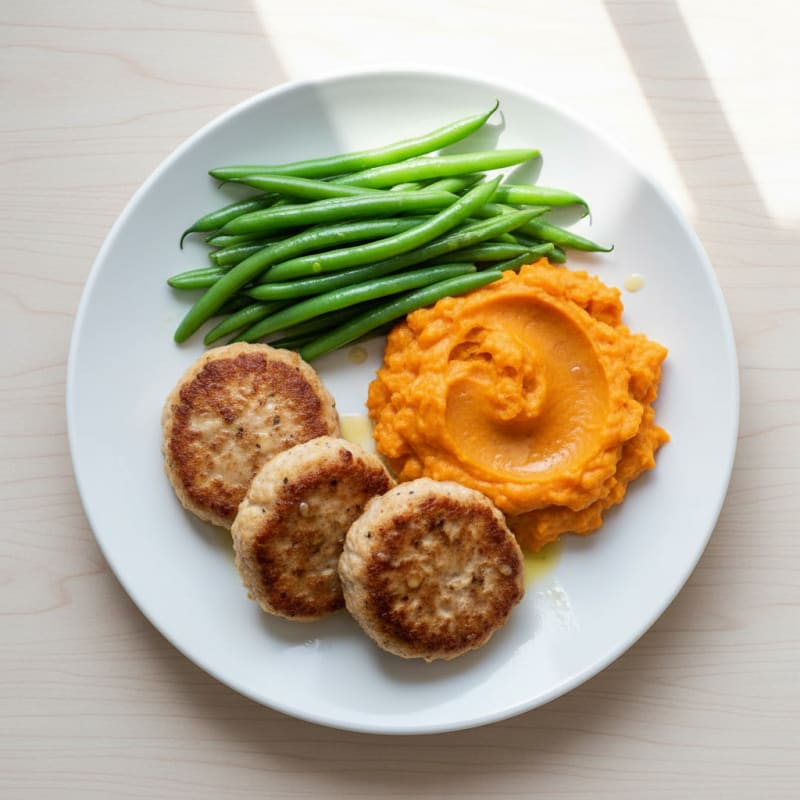 Seared Turkey Patties with Steamed Green Beans and Sweet Potato Mash