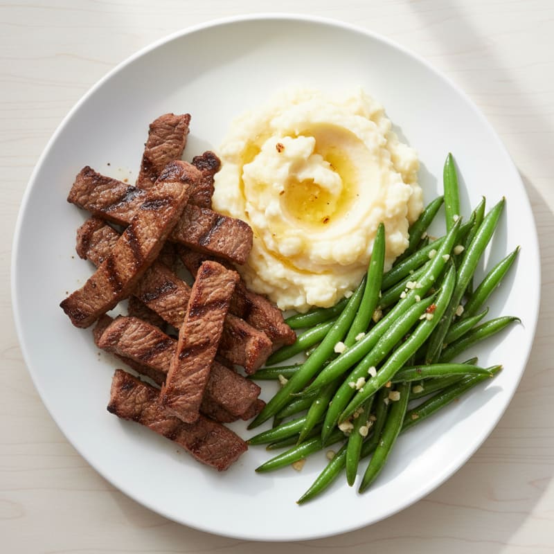 Seared Beef Strips with Garlic Green Beans and Mashed Cauliflower