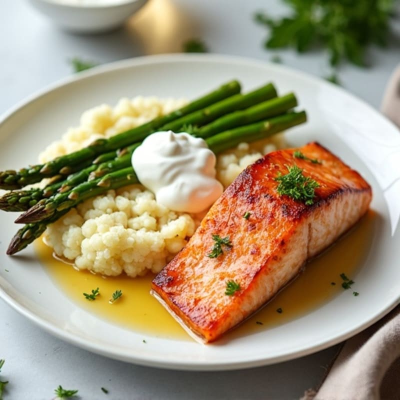 Seared Salmon with Steamed Asparagus and Garlic Mashed Cauliflower