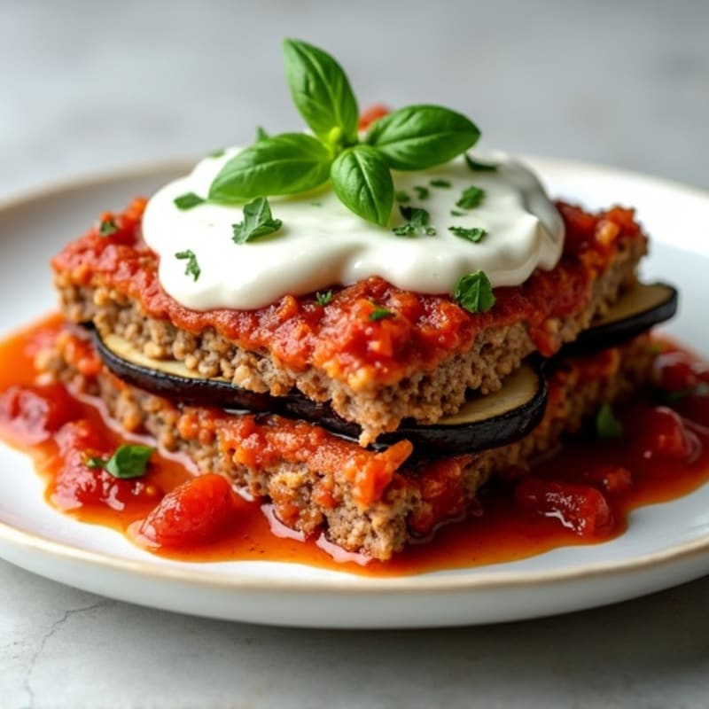Roasted Eggplant and Lean Ground Lamb Layered Bake with Creamy Herb Topping