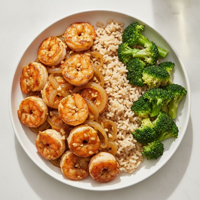 Garlic Shrimp with Brown Rice and Sautéed Onions