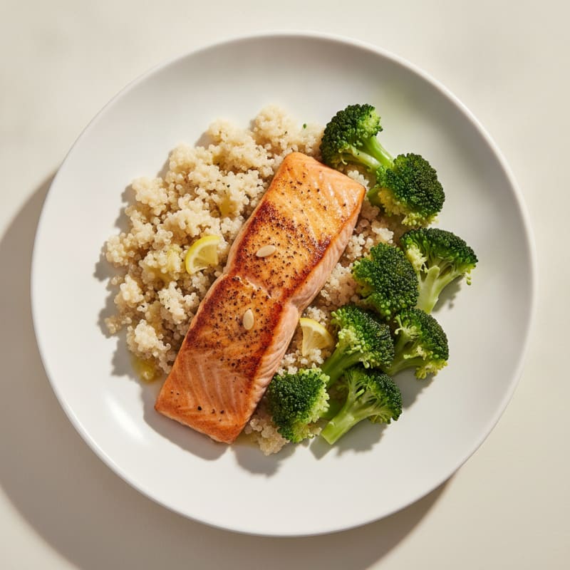 Seared Salmon with Steamed Broccoli and Quinoa
