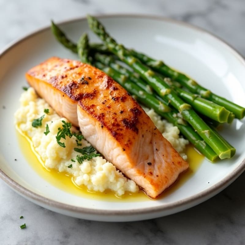 Seared Salmon Fillet with Steamed Asparagus and Mashed Cauliflower