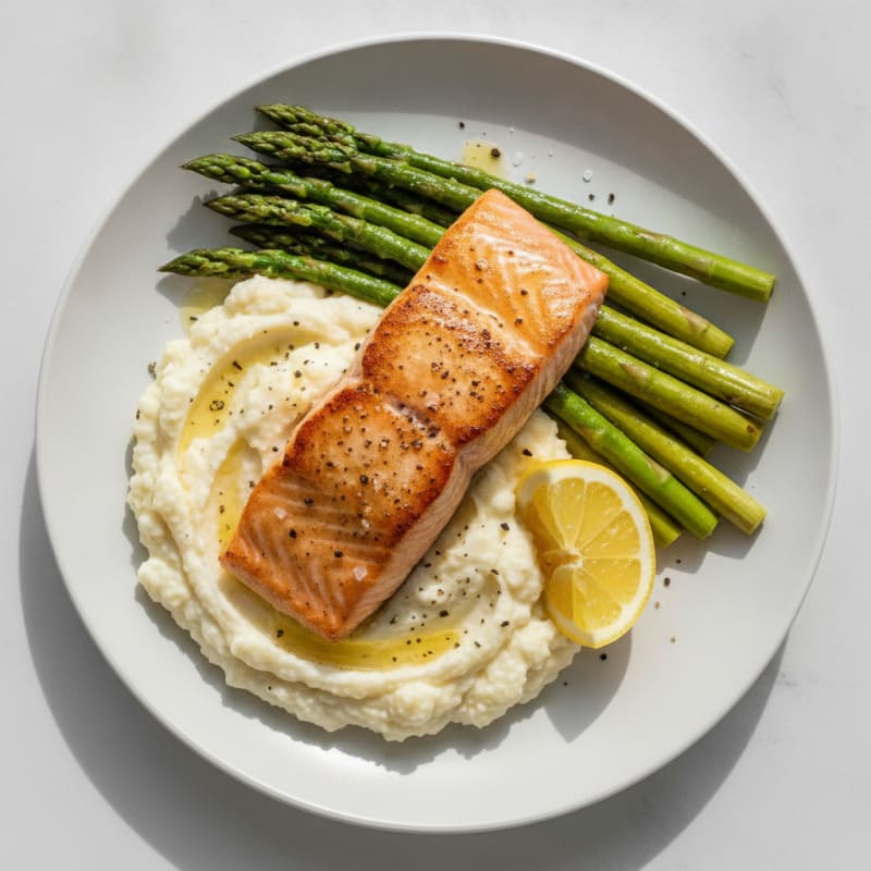 Seared Salmon with Steamed Asparagus and Cauliflower Mash
