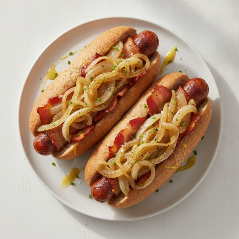 Bacon-Wrapped Hot Dogs with Caramelized Onions