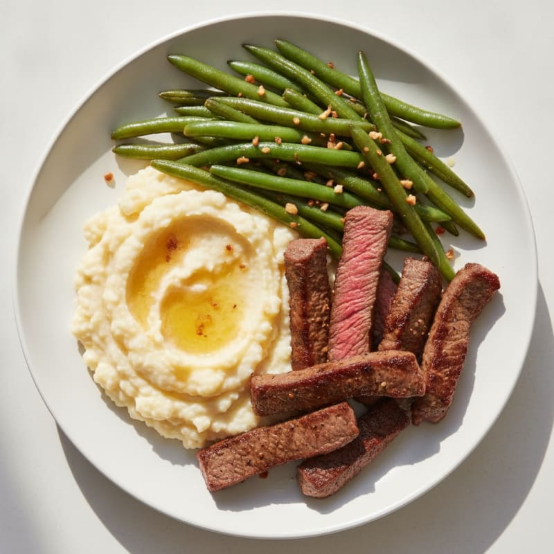 Seared Beef Strips with Garlic Green Beans and Cauliflower Mash