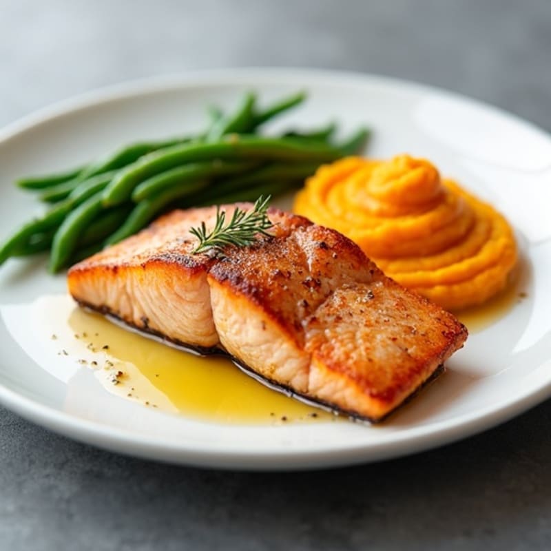 Seared Salmon Filet with Steamed Green Beans and Sweet Potato Mash