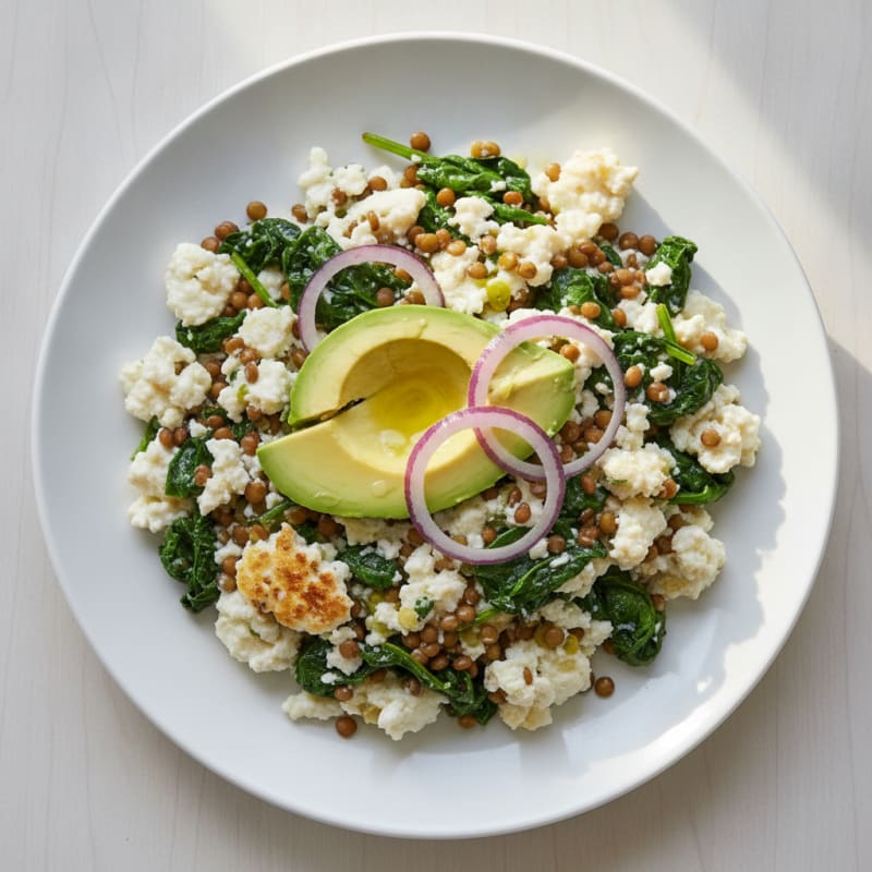 Egg White and Lentil Scramble with Sautéed Spinach