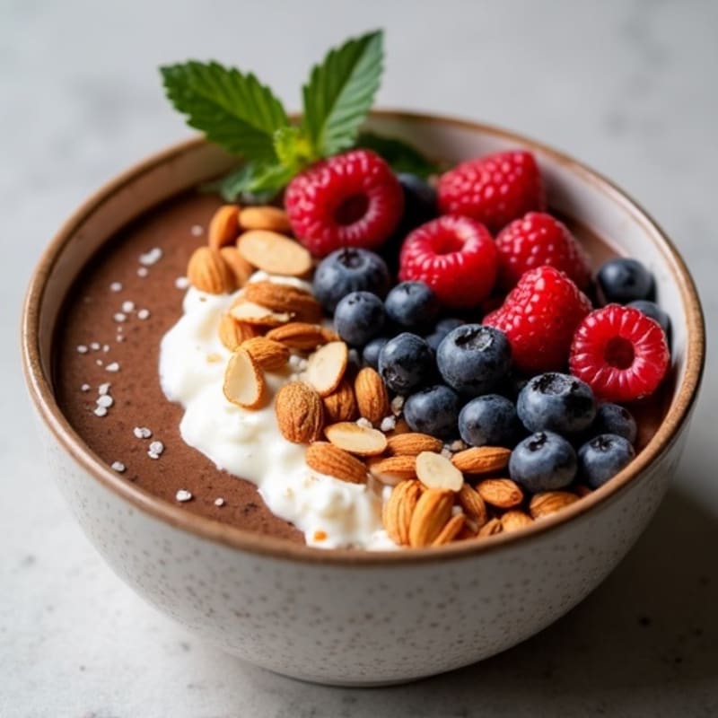 Velvety Chocolate Protein Smoothie Bowl with Fresh Berries and Crunchy Almonds