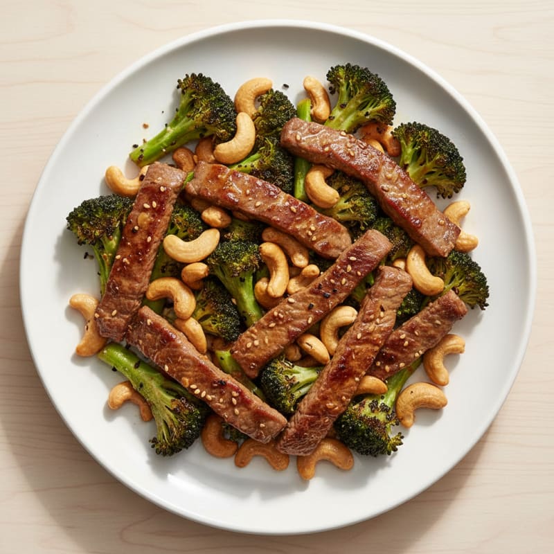 Seared Beef Strips with Roasted Broccoli and Cashews