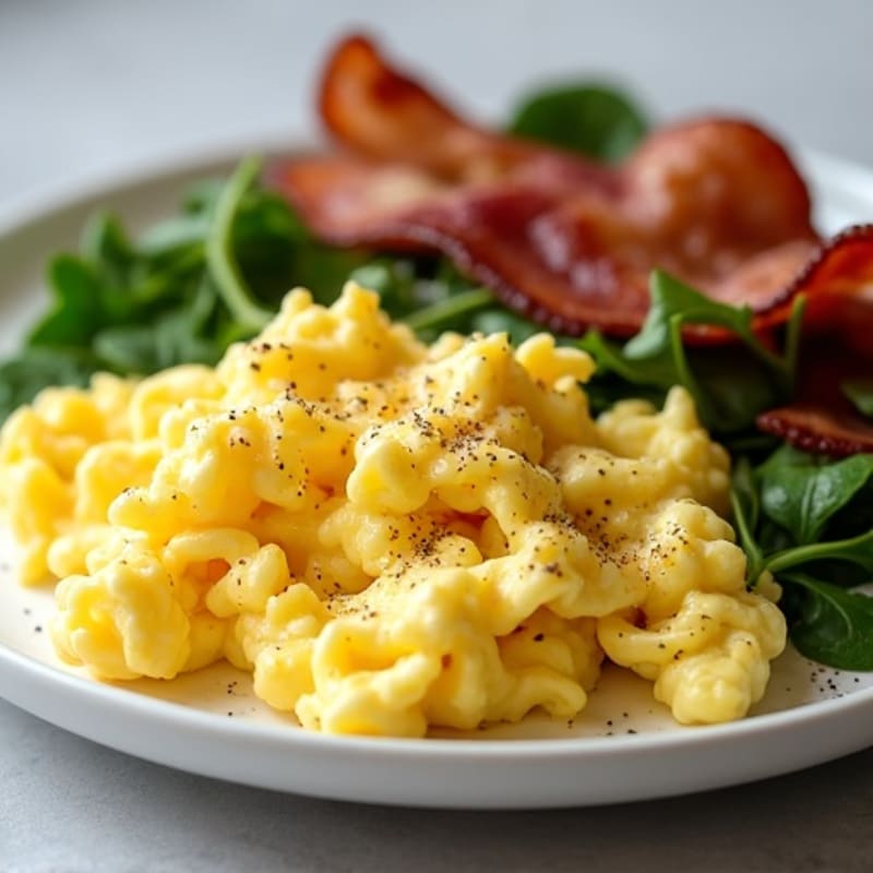 Fluffy Scrambled Eggs with Crispy Turkey Bacon and Fresh Spinach