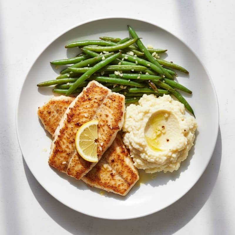 Seared Tilapia with Garlic Green Beans and Cauliflower Mash