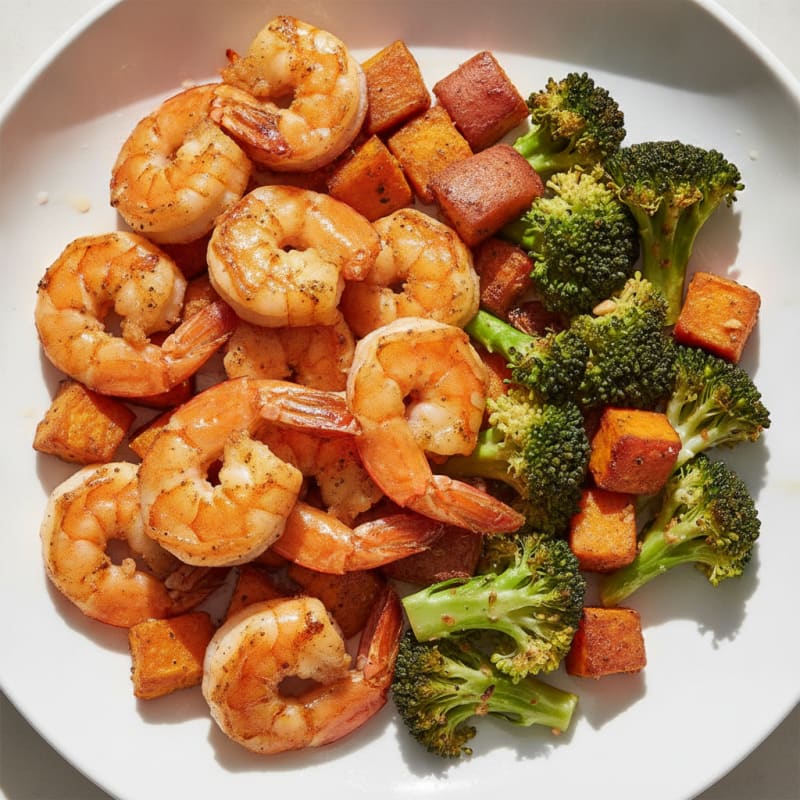 Seared Prawns and Roasted Sweet Potato with Garlic Broccoli