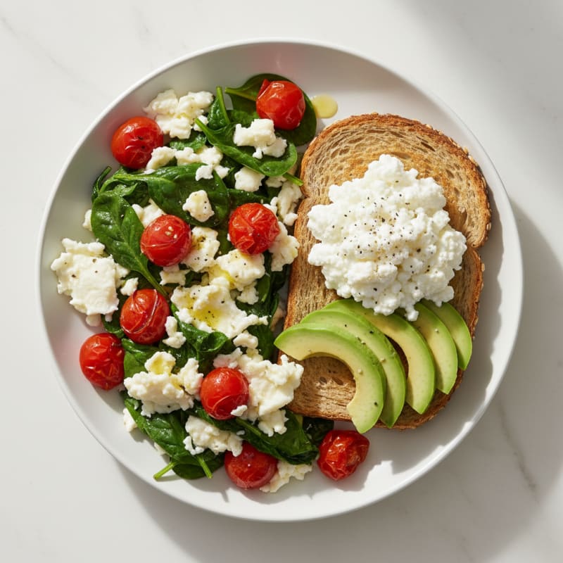 Egg White and Spinach Scramble with Cottage Cheese and Cherry Tomatoes