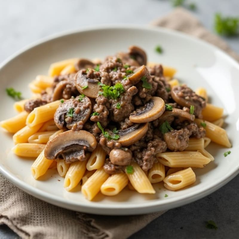 Lean Beef with Creamy Mushroom Sauce and Whole Wheat Pasta