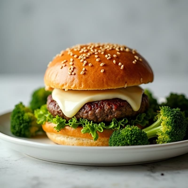 Mozzarella-Stuffed Lean Beef Burger with Crispy Roasted Broccoli