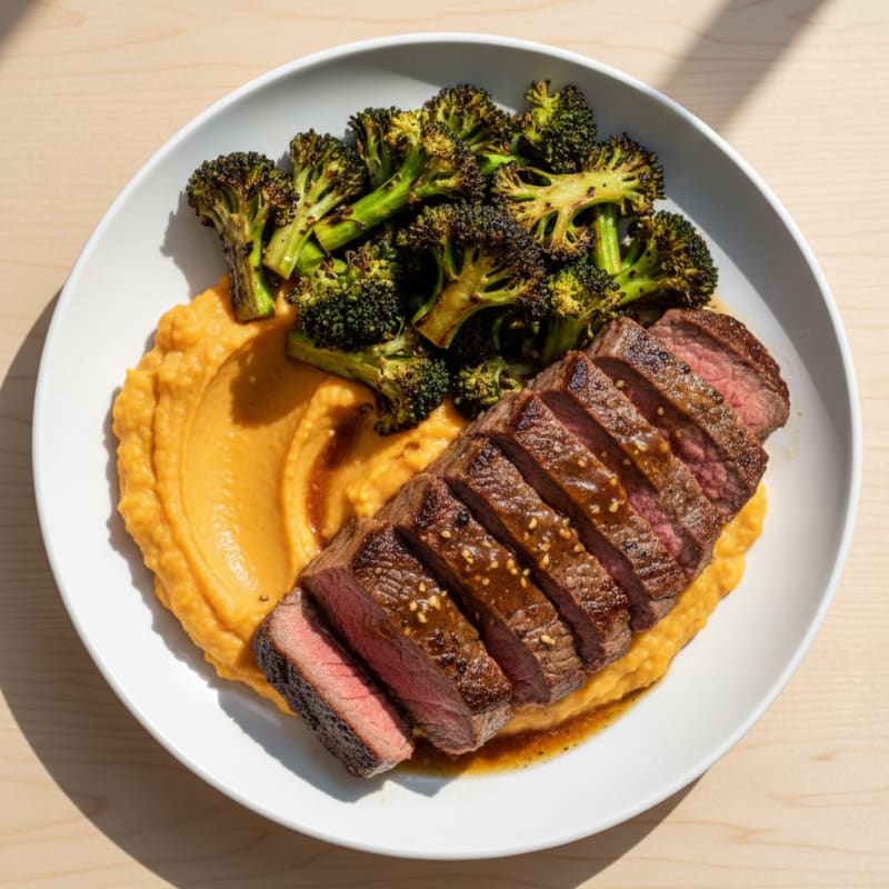 Seared Beef Strips with Roasted Broccoli and Sweet Potato Mash