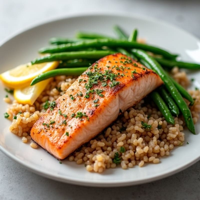 Seared Salmon Fillet with Garlic Green Beans and Brown Rice