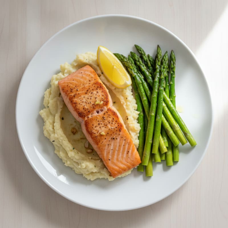 Seared Salmon Fillet with Steamed Asparagus and Garlic Cauliflower Mash