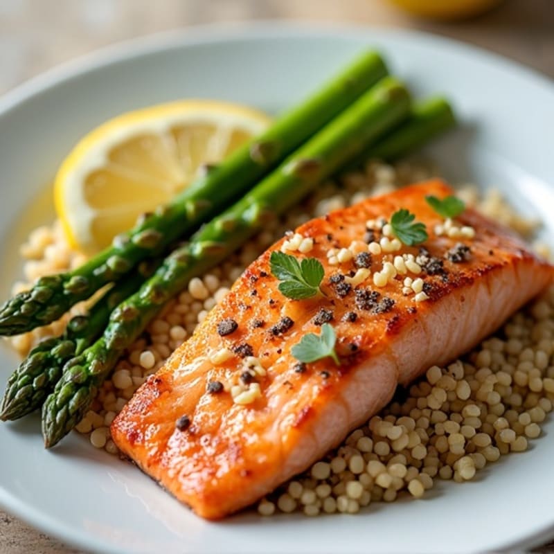 Seared Salmon with Quinoa and Steamed Asparagus