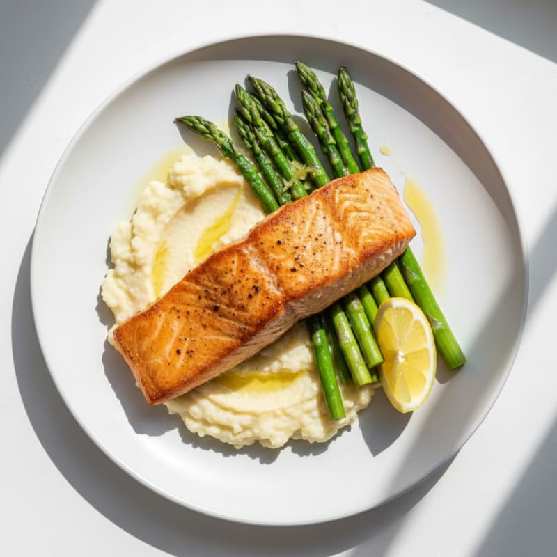 Seared Salmon with Steamed Asparagus and Garlic Cauliflower Mash
