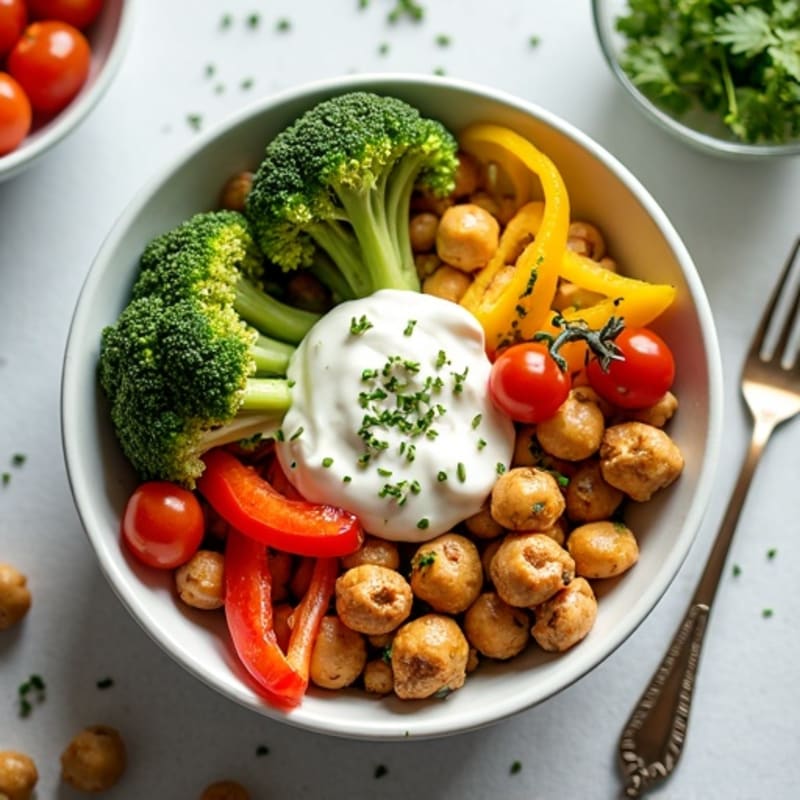 Roasted Chickpea and Vegetable Power Bowl with Creamy Lemon-Herb Dressing