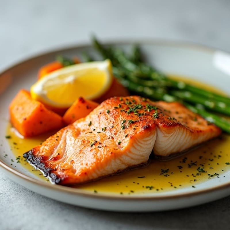 Seared Salmon Fillet with Roasted Sweet Potato and Asparagus