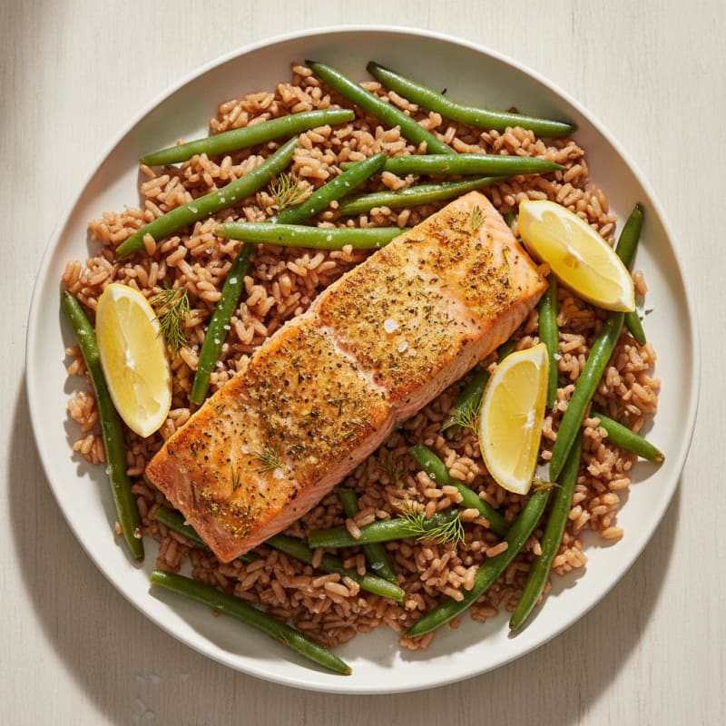 Roasted Salmon and Rice Medley with Green Beans