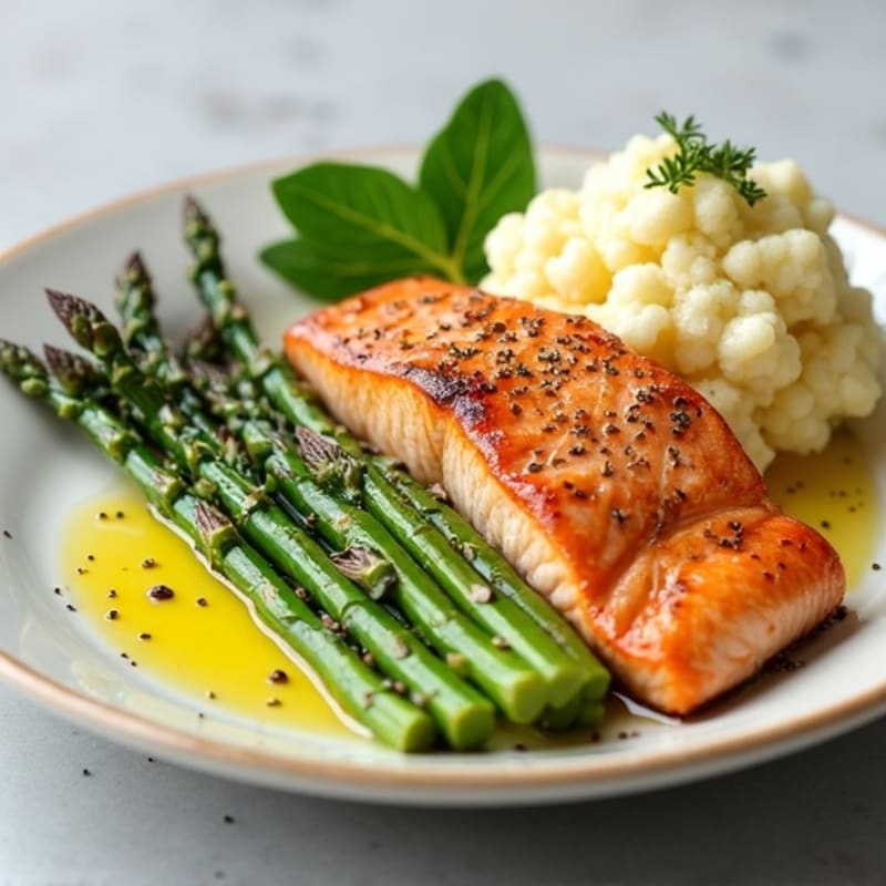 Seared Salmon with Steamed Asparagus and Garlic Mashed Cauliflower