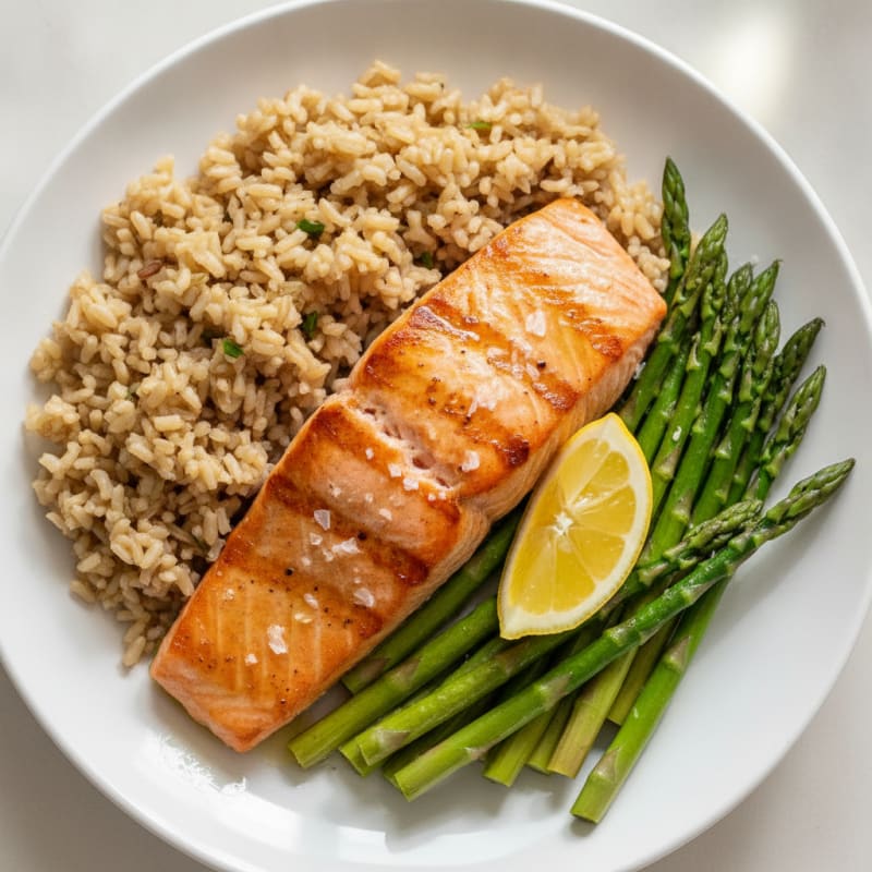 Seared Salmon Fillet with Steamed Asparagus and Brown Rice