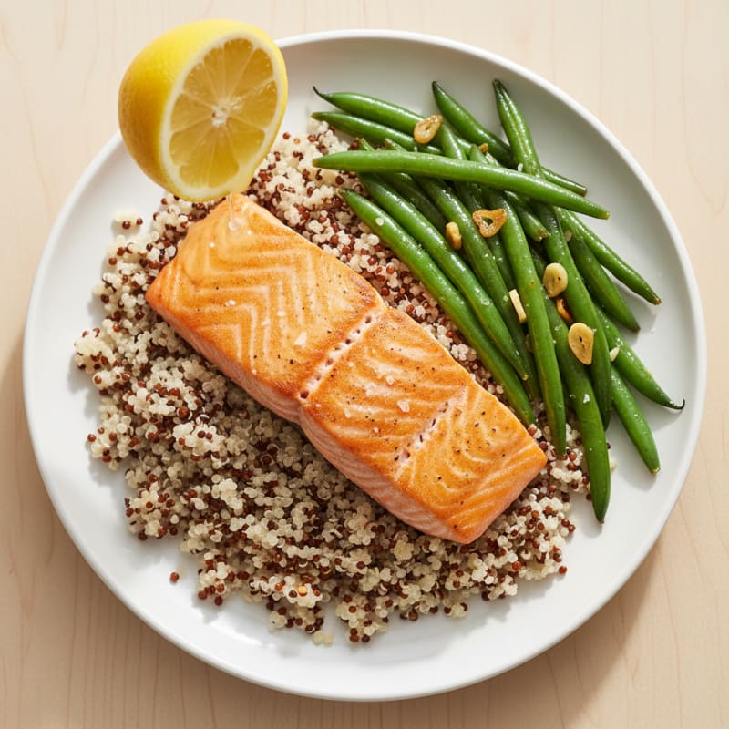 Seared Salmon Filet with Garlic Green Beans and Quinoa