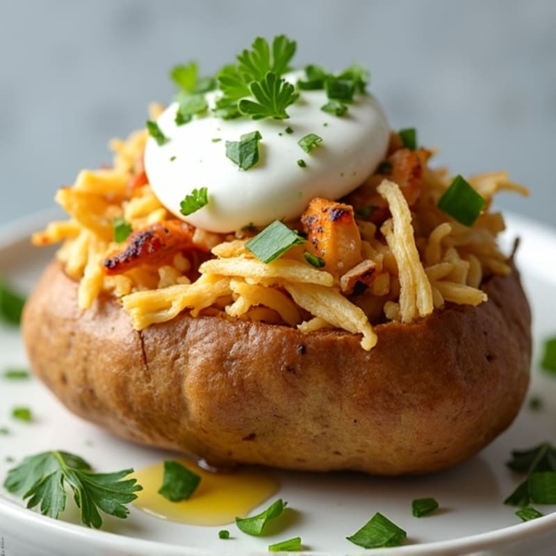 Crispy Loaded Baked Potato with Shredded Chicken and Fresh Herbs