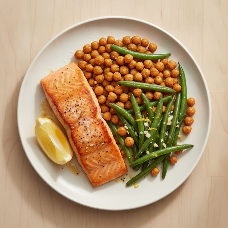 Seared Salmon with Crispy Chickpeas and Garlic Green Beans