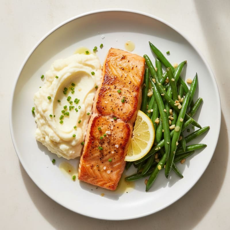 Seared Salmon with Garlic Green Beans and Cauliflower Mash