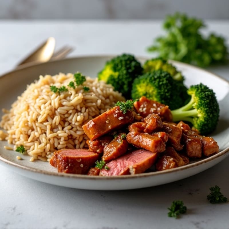 Crispy Ginger-Garlic Beef with Roasted Broccoli and Brown Rice