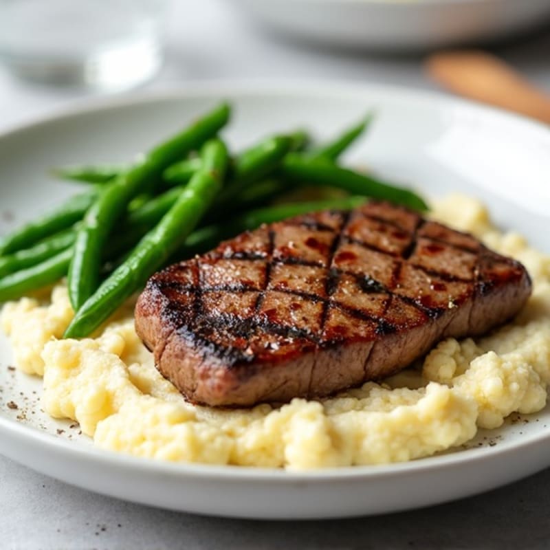 Seared Lean Beef with Garlic Green Beans and Cauliflower Mash