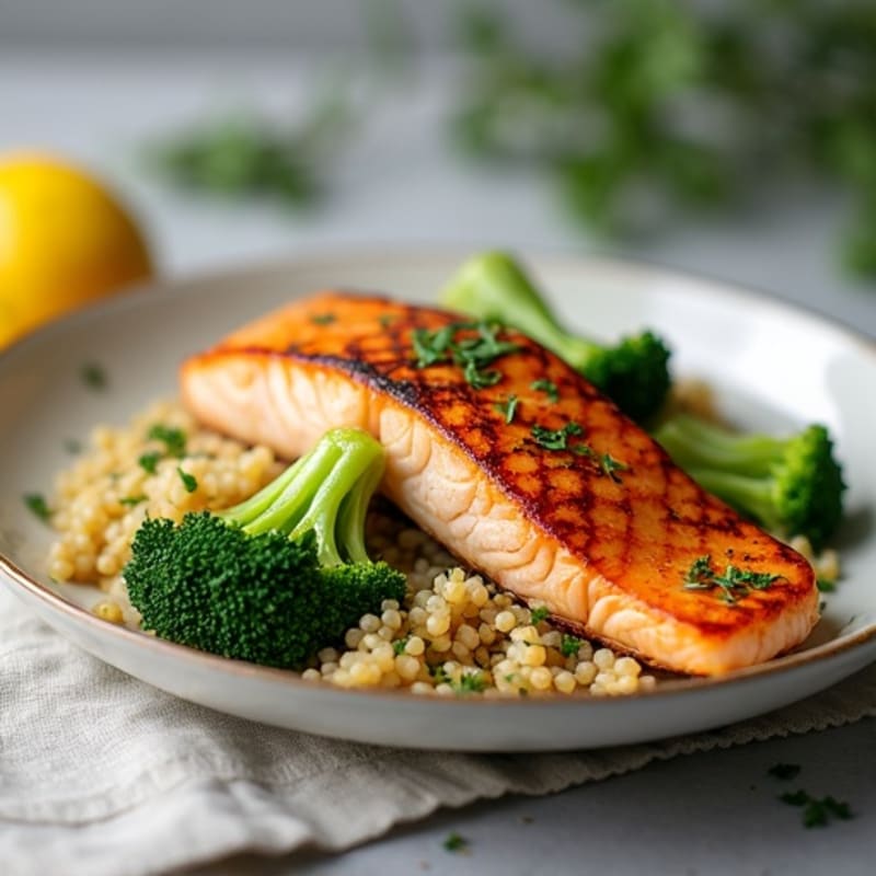 Seared Salmon with Steamed Broccoli and Quinoa