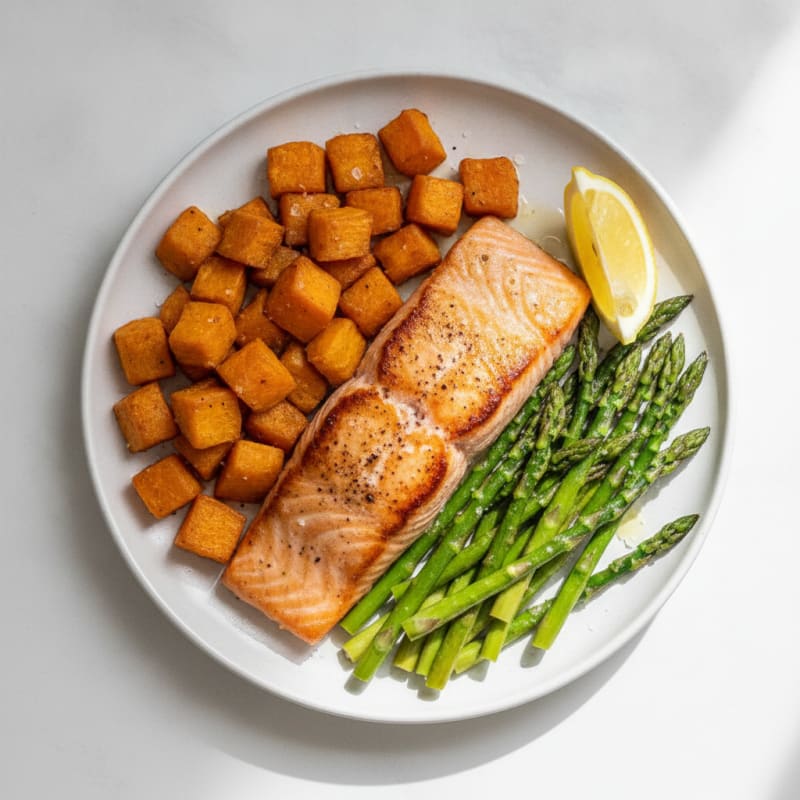 Seared Salmon Fillet with Roasted Sweet Potato and Asparagus