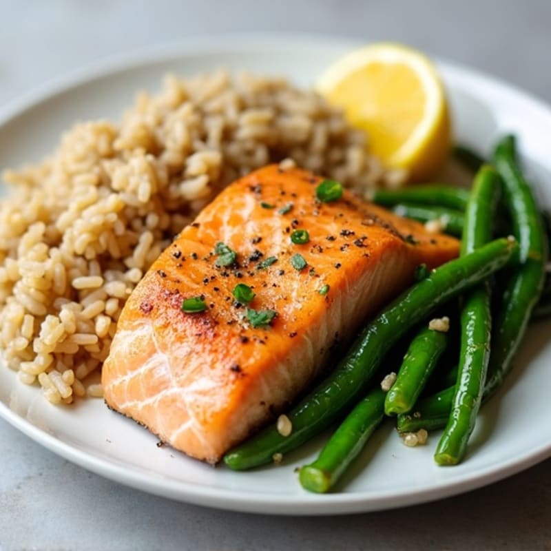 Seared Salmon Fillet with Garlic Green Beans and Brown Rice