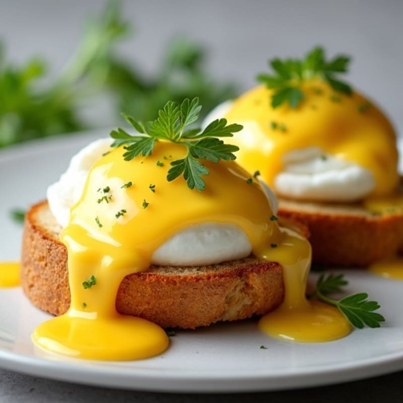 Herb-Poached Eggs with Hollandaise on Toasted Sourdough