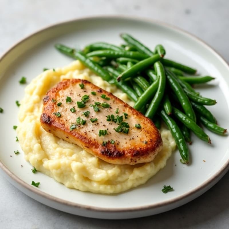 Pan-Seared Chicken with Buttery Garlic Mashed Potatoes and Roasted Green Beans