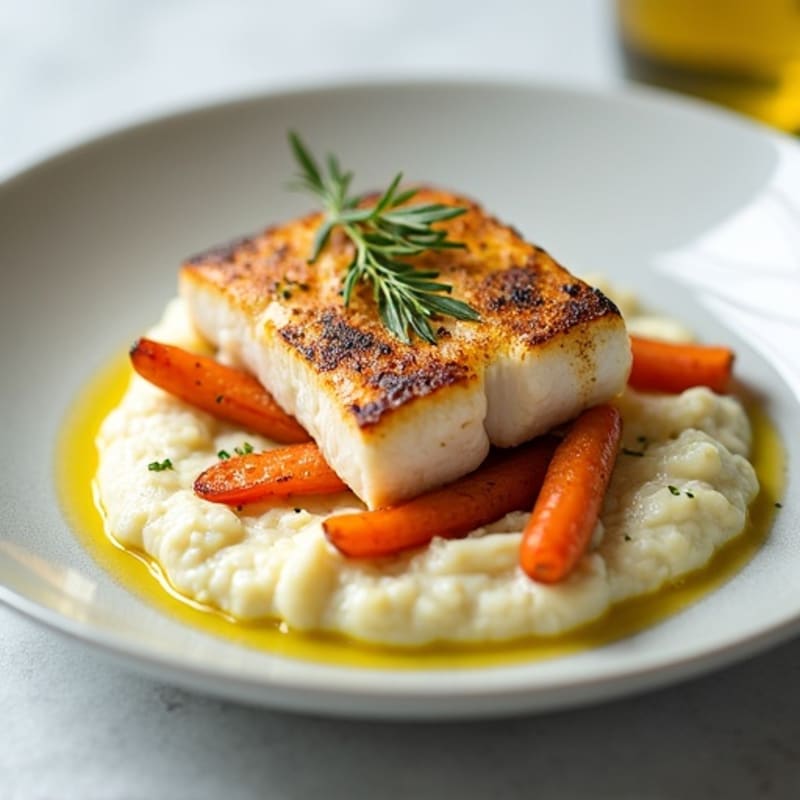 Seared White Fish with Cauliflower Mash and Roasted Carrots
