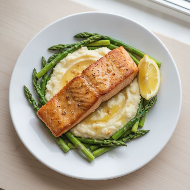 Seared Salmon with Steamed Asparagus and Cauliflower Mash
