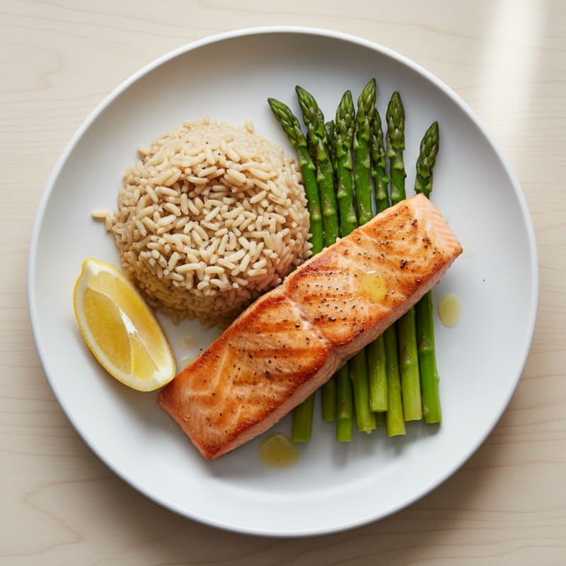 Seared Salmon Fillet with Steamed Asparagus and Brown Rice