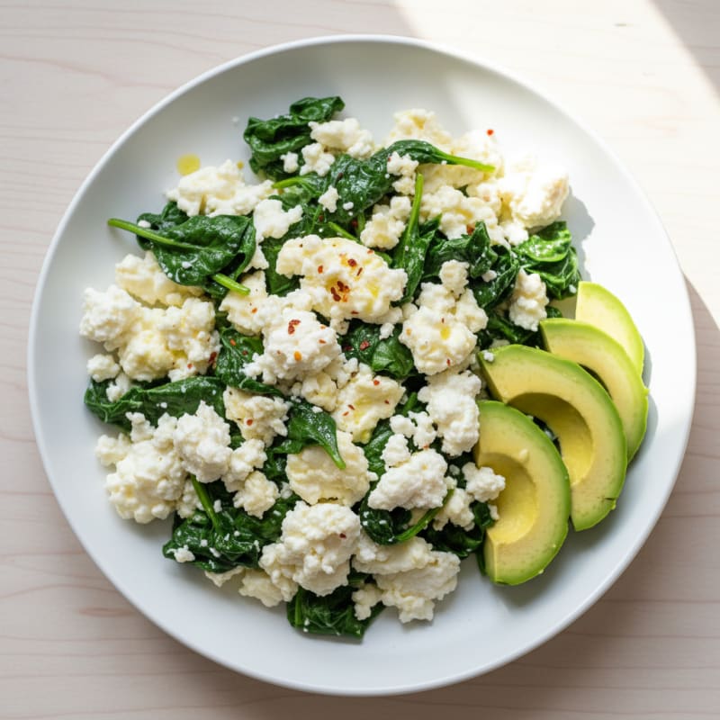 Egg White Spinach Scramble with Cottage Cheese and Sliced Avocado
