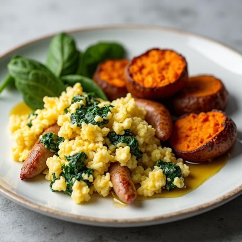 Egg White and Turkey Sausage Scramble with Spinach and Roasted Sweet Potatoes