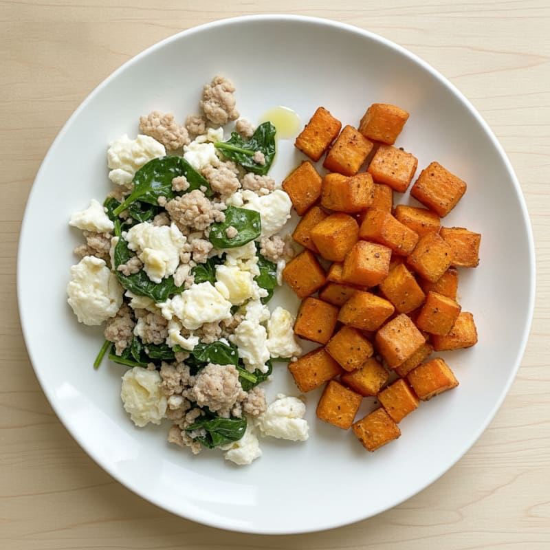 Egg White and Turkey Spinach Scramble with Roasted Sweet Potatoes