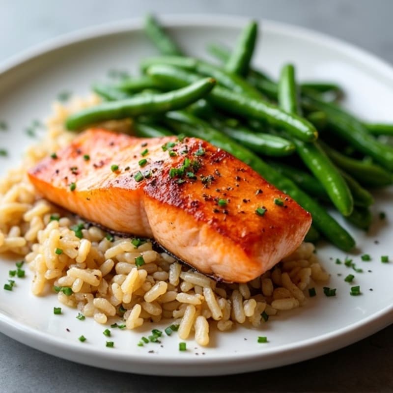 Seared Salmon Fillet with Garlic Green Beans and Brown Rice