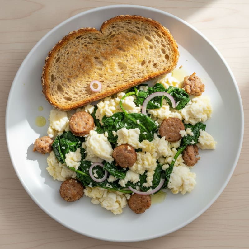Egg White and Turkey Sausage Scramble with Sautéed Spinach